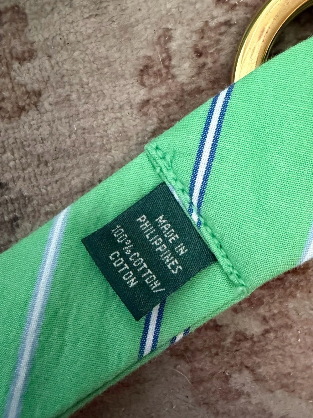 Ralph Lauren Green Blue Stripe Cotton D-Ring Belt Gold Logo Buckle 41”